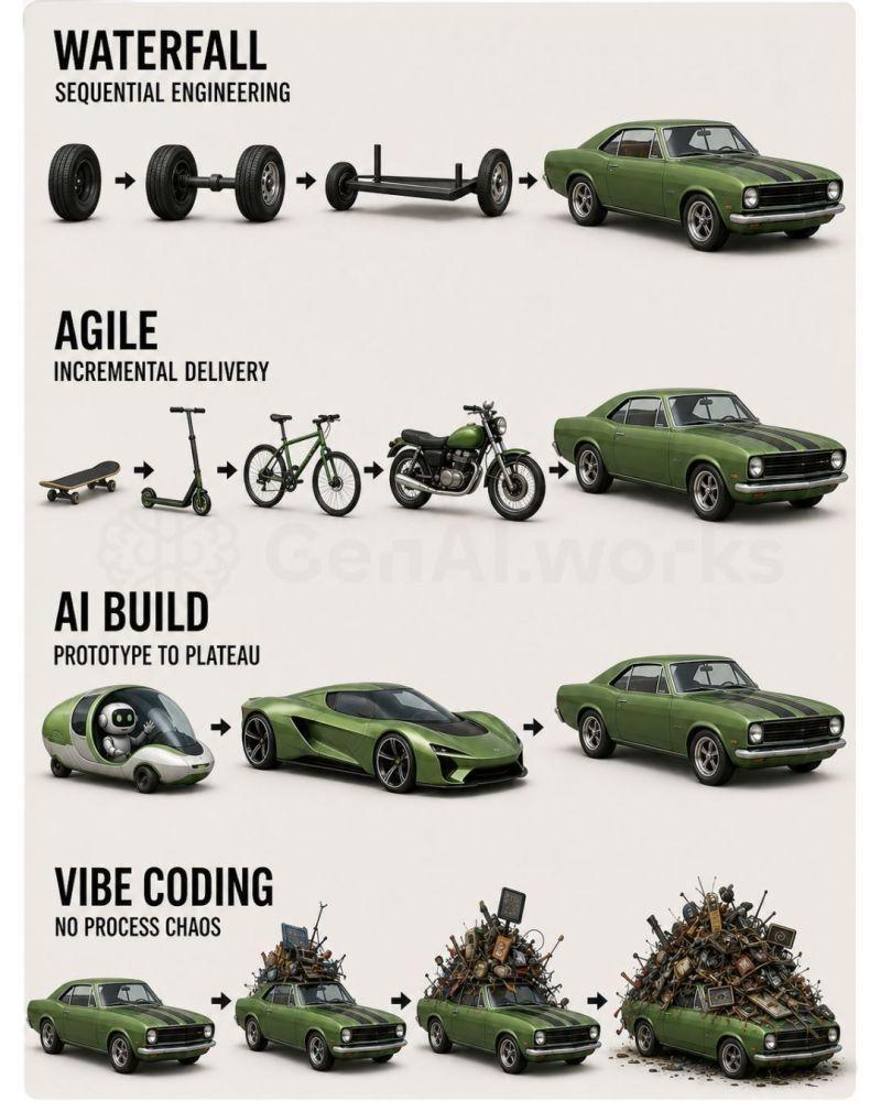 This graphic compares four development models using a green car. Waterfall shows sequential assembly. Agile depicts incremental evolution from a skateboard to a car. AI Build starts with futuristic prototypes before settling on a standard car. Vibe Coding ends in total chaos.